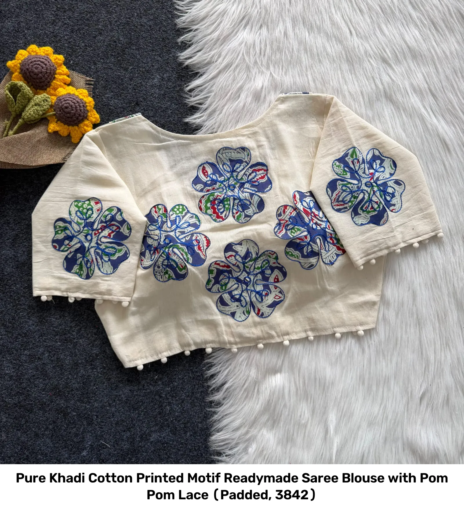 Pure Khadi Cotton Printed Motif Readymade Saree Blouse with Pom Pom Lace (Padded, 38–42) 7