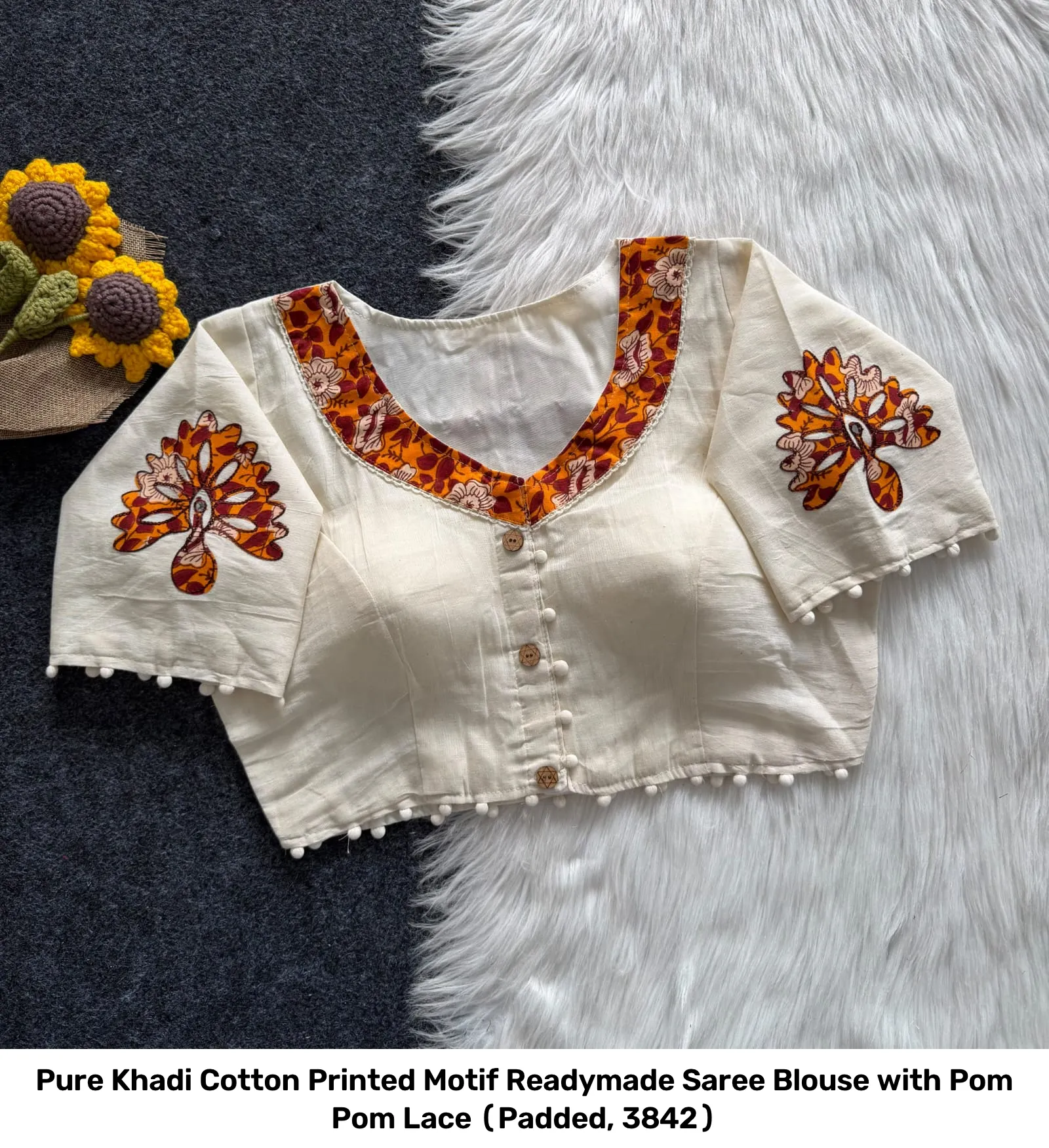 Pure Khadi Cotton Printed Motif Readymade Saree Blouse with Pom Pom Lace (Padded, 38–42) 8
