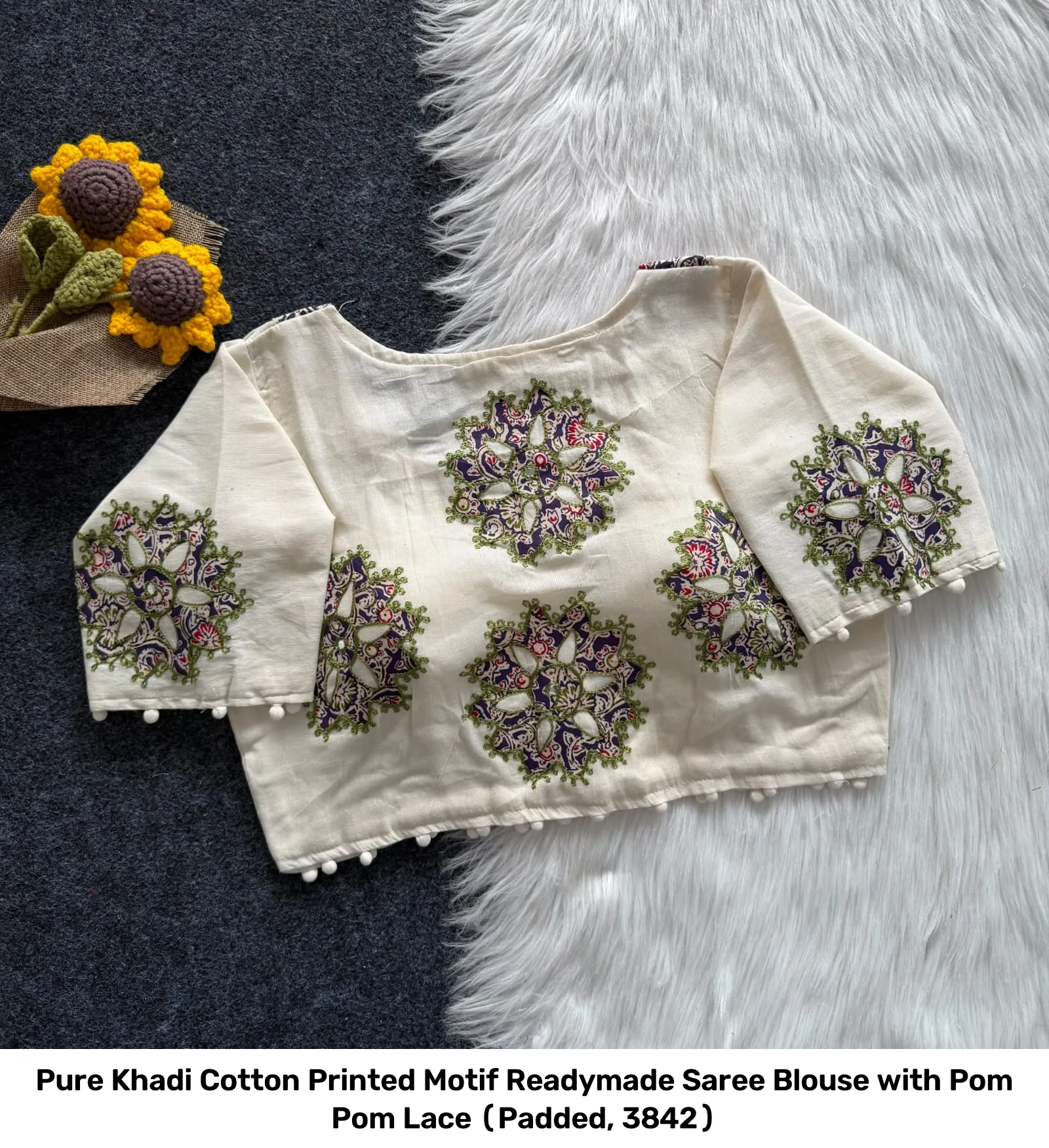 Pure Khadi Cotton Printed Motif Readymade Saree Blouse with Pom Pom Lace (Padded, 38–42) 9