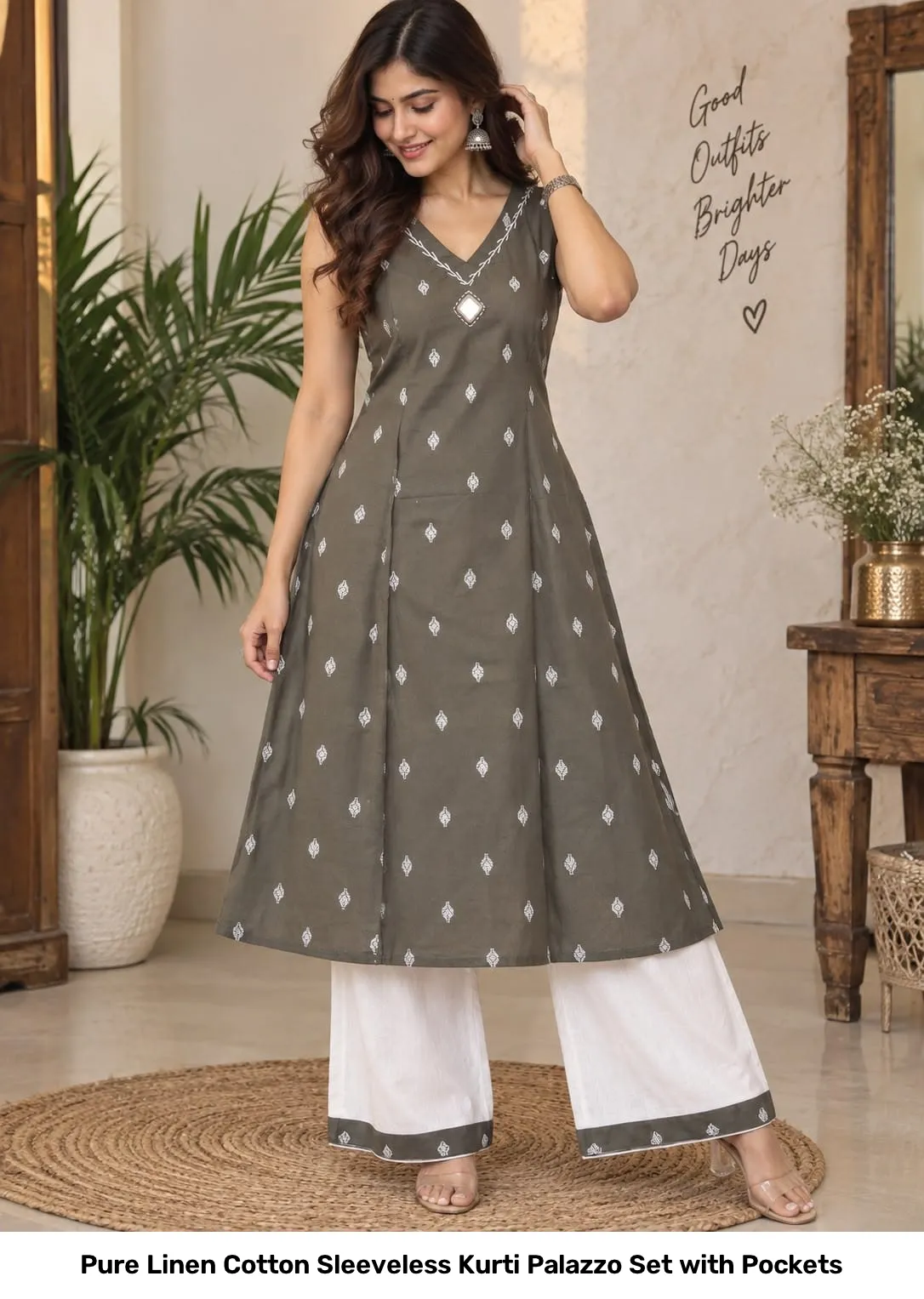 Pure Linen Cotton Sleeveless Kurti Palazzo Set with Pockets 2