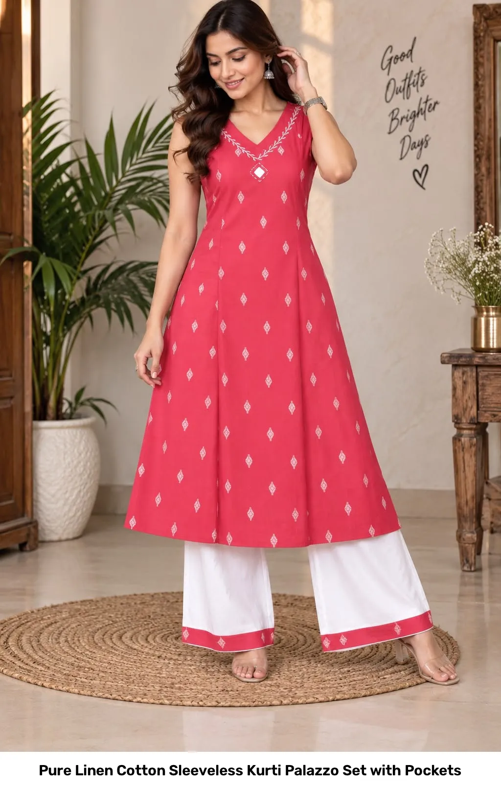 Pure Linen Cotton Sleeveless Kurti Palazzo Set with Pockets 3