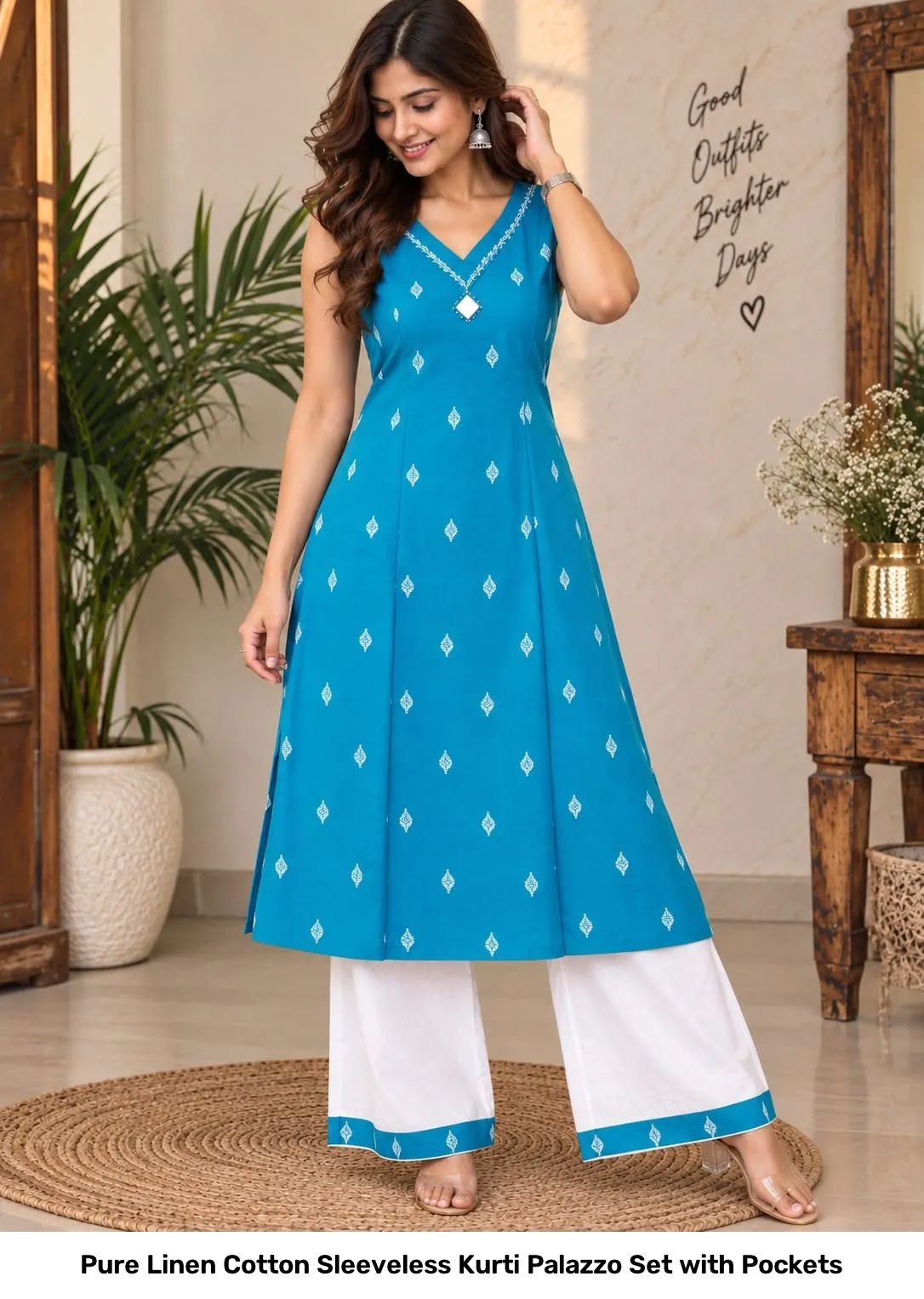 Pure Linen Cotton Sleeveless Kurti Palazzo Set with Pockets 4