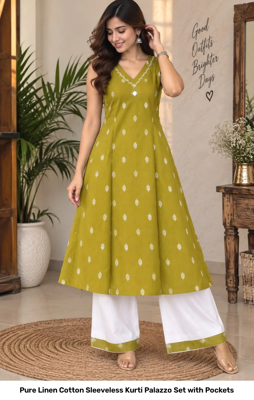 Pure Linen Cotton Sleeveless Kurti Palazzo Set with Pockets 5