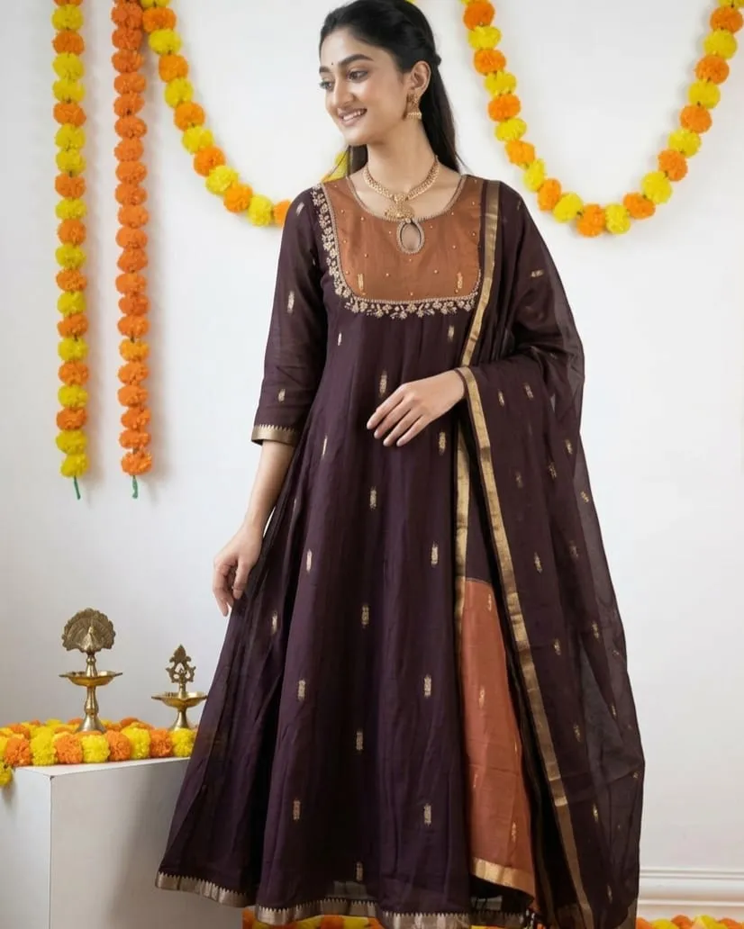 Pure Maheshwari Silk Anarkali Dress with Matching Dupatta – Made to Order Designer Ethnic Set