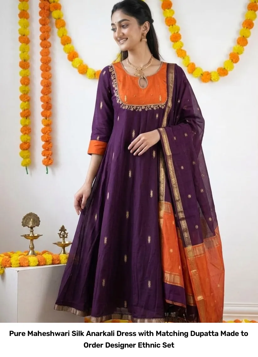 Pure Maheshwari Silk Anarkali Dress with Matching Dupatta – Made to Order Designer Ethnic Set 2