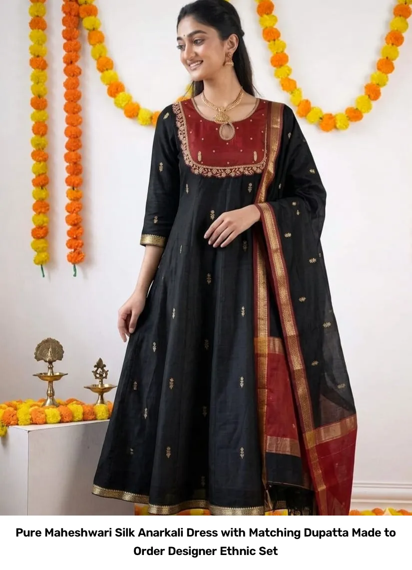 Pure Maheshwari Silk Anarkali Dress with Matching Dupatta – Made to Order Designer Ethnic Set 3