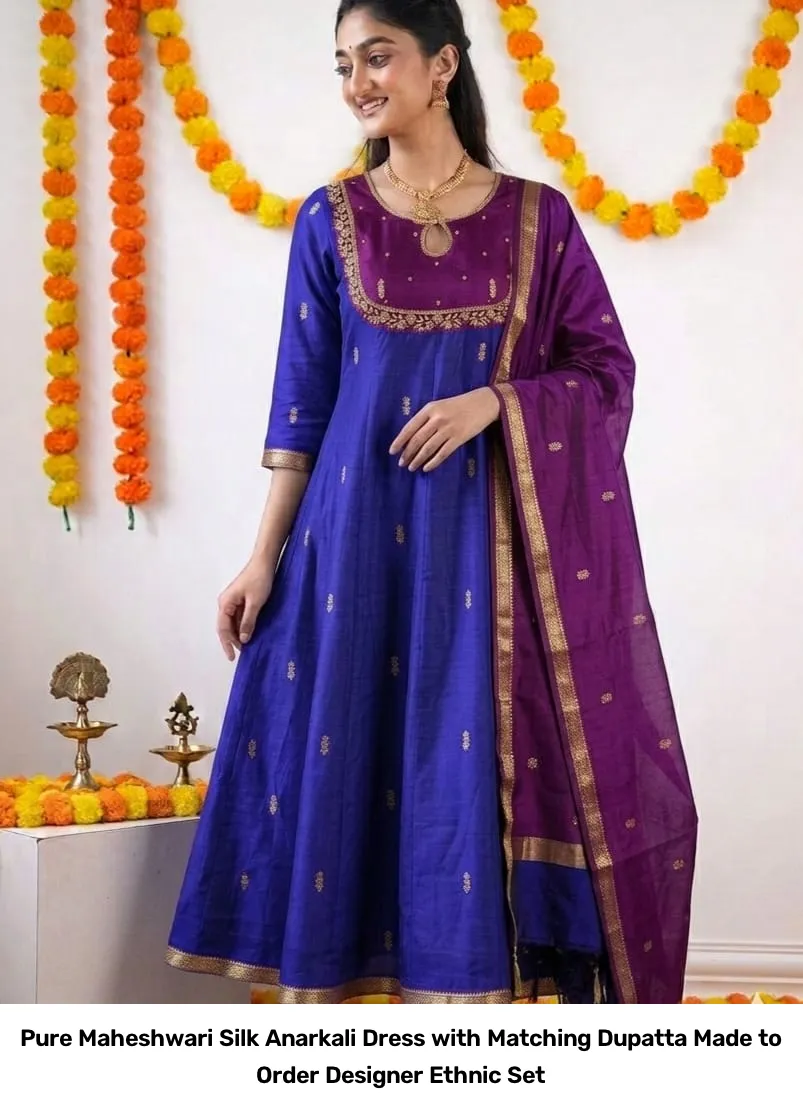 Pure Maheshwari Silk Anarkali Dress with Matching Dupatta – Made to Order Designer Ethnic Set 4