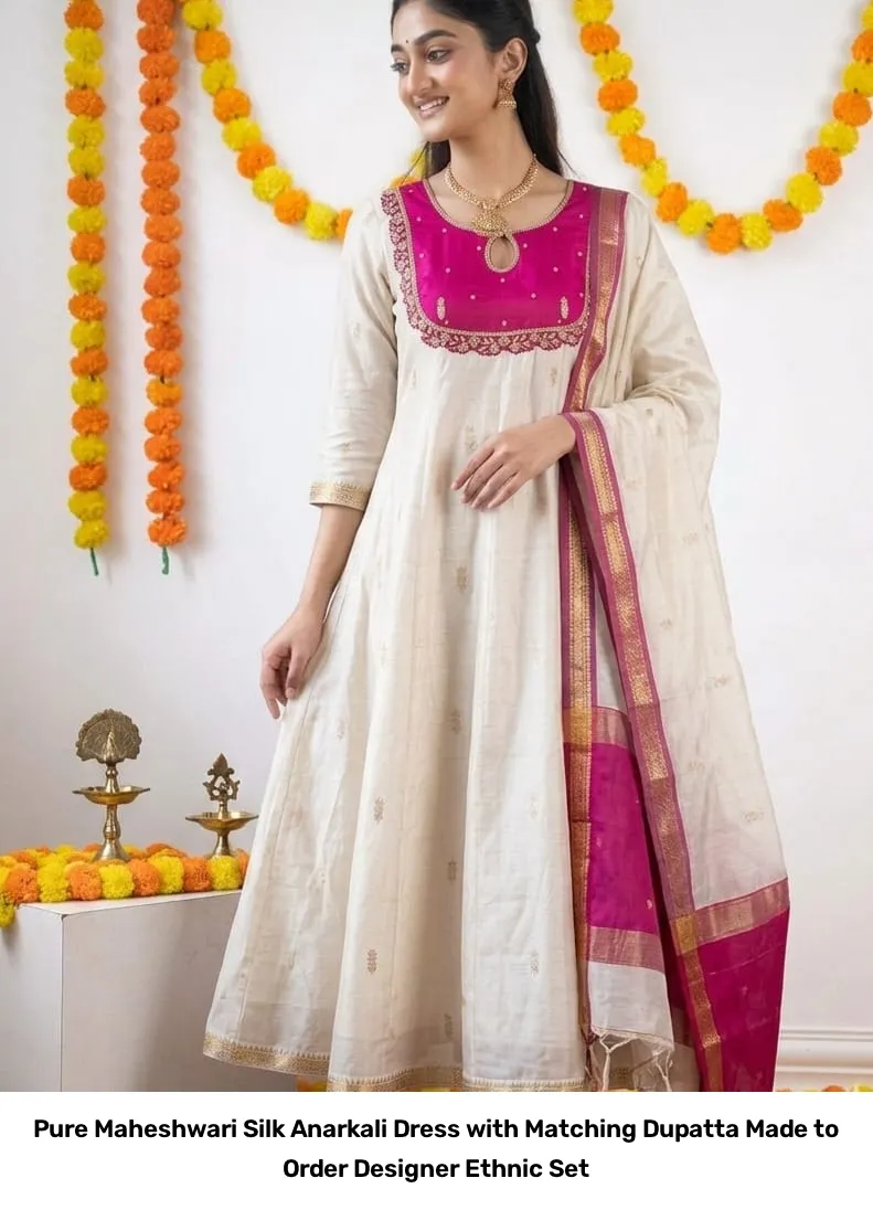 Pure Maheshwari Silk Anarkali Dress with Matching Dupatta – Made to Order Designer Ethnic Set 5