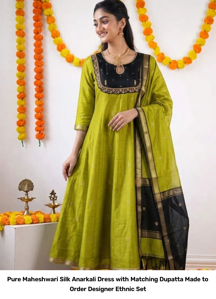 Pure Maheshwari Silk Anarkali Dress with Matching Dupatta – Made to Order Designer Ethnic Set 6
