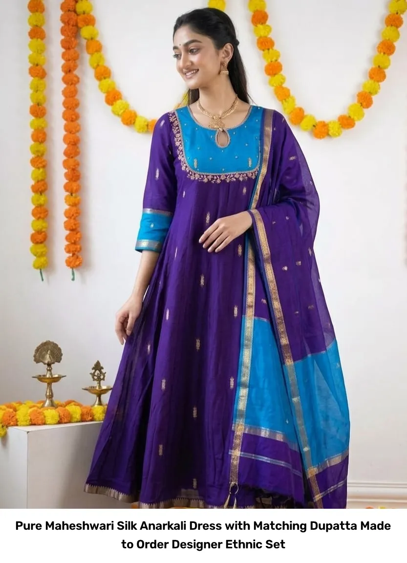 Pure Maheshwari Silk Anarkali Dress with Matching Dupatta – Made to Order Designer Ethnic Set 7