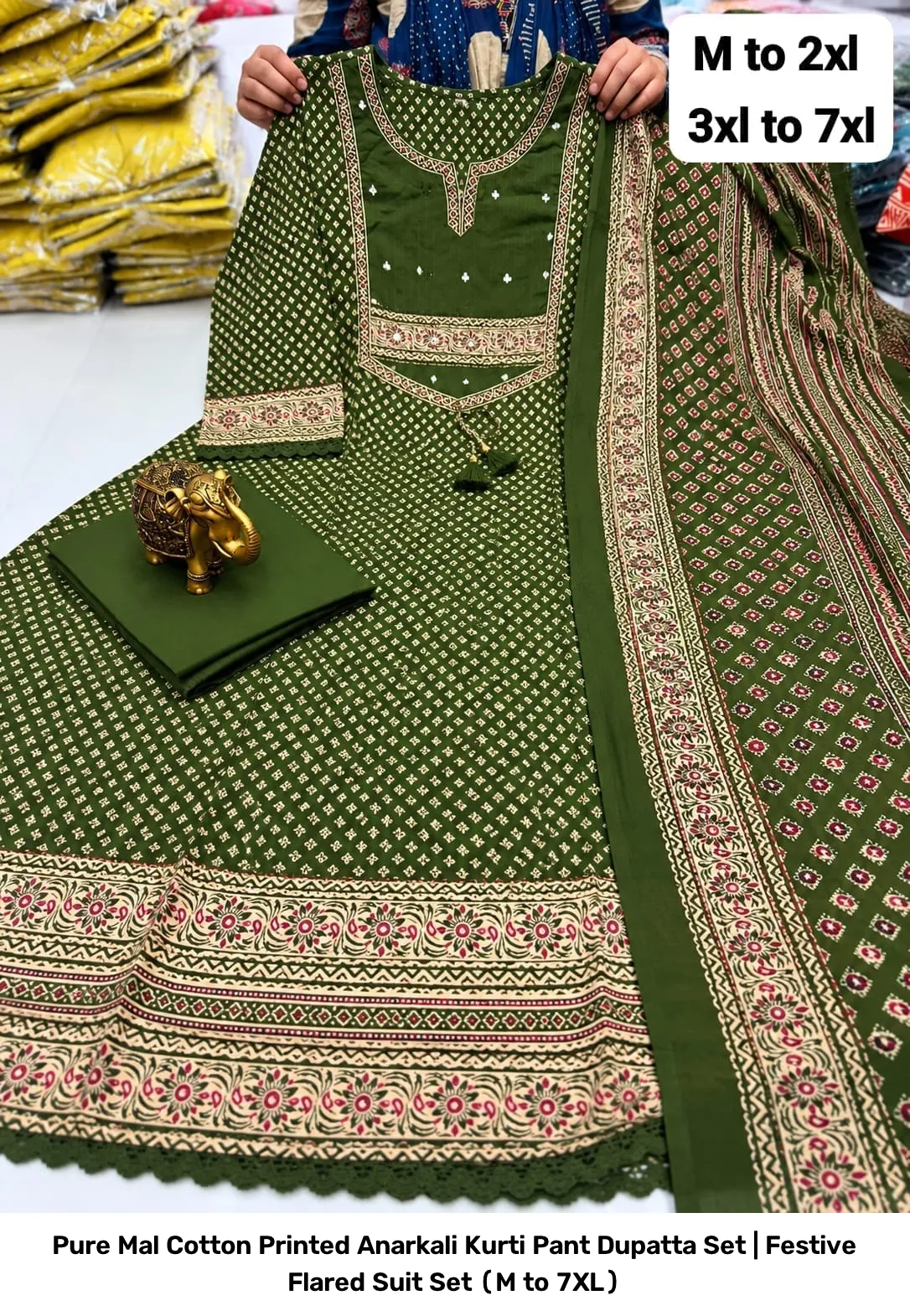Pure Mal Cotton Printed Anarkali Kurti Pant Dupatta Set | Festive Flared Suit Set (M to 7XL) 2