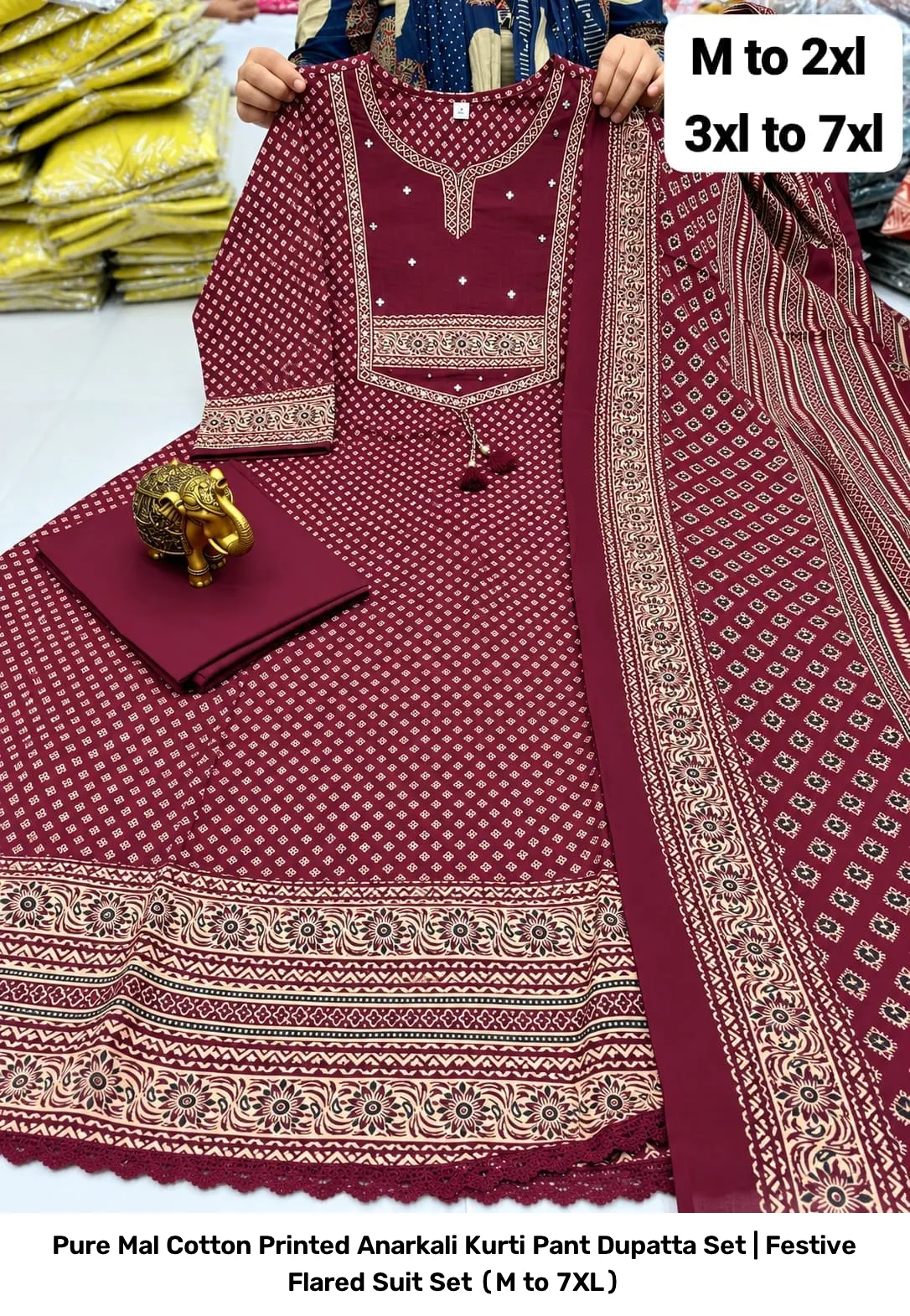 Pure Mal Cotton Printed Anarkali Kurti Pant Dupatta Set | Festive Flared Suit Set (M to 7XL) 3