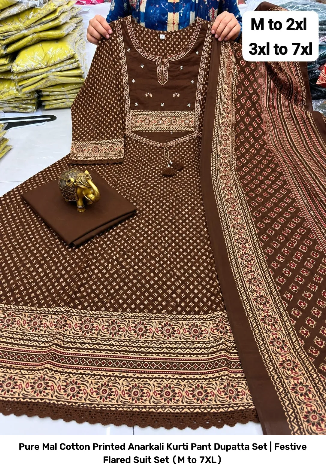 Pure Mal Cotton Printed Anarkali Kurti Pant Dupatta Set | Festive Flared Suit Set (M to 7XL) 4