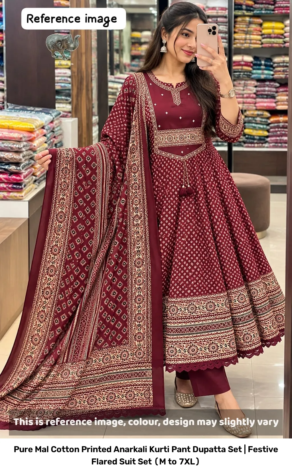 Pure Mal Cotton Printed Anarkali Kurti Pant Dupatta Set | Festive Flared Suit Set (M to 7XL) 5