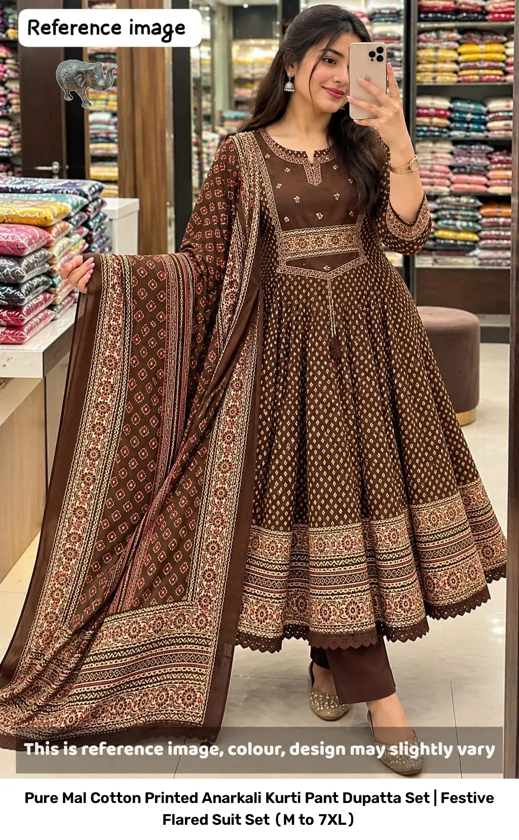 Pure Mal Cotton Printed Anarkali Kurti Pant Dupatta Set | Festive Flared Suit Set (M to 7XL) 7
