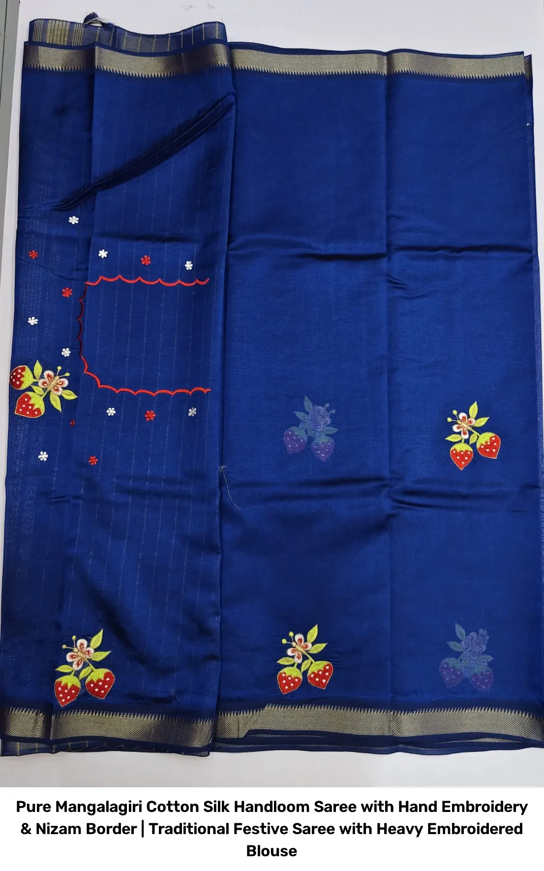 Pure Mangalagiri Cotton Silk Handloom Saree with Hand Embroidery & Nizam Border | Traditional Festive Saree with Heavy Embroidered Blouse 10
