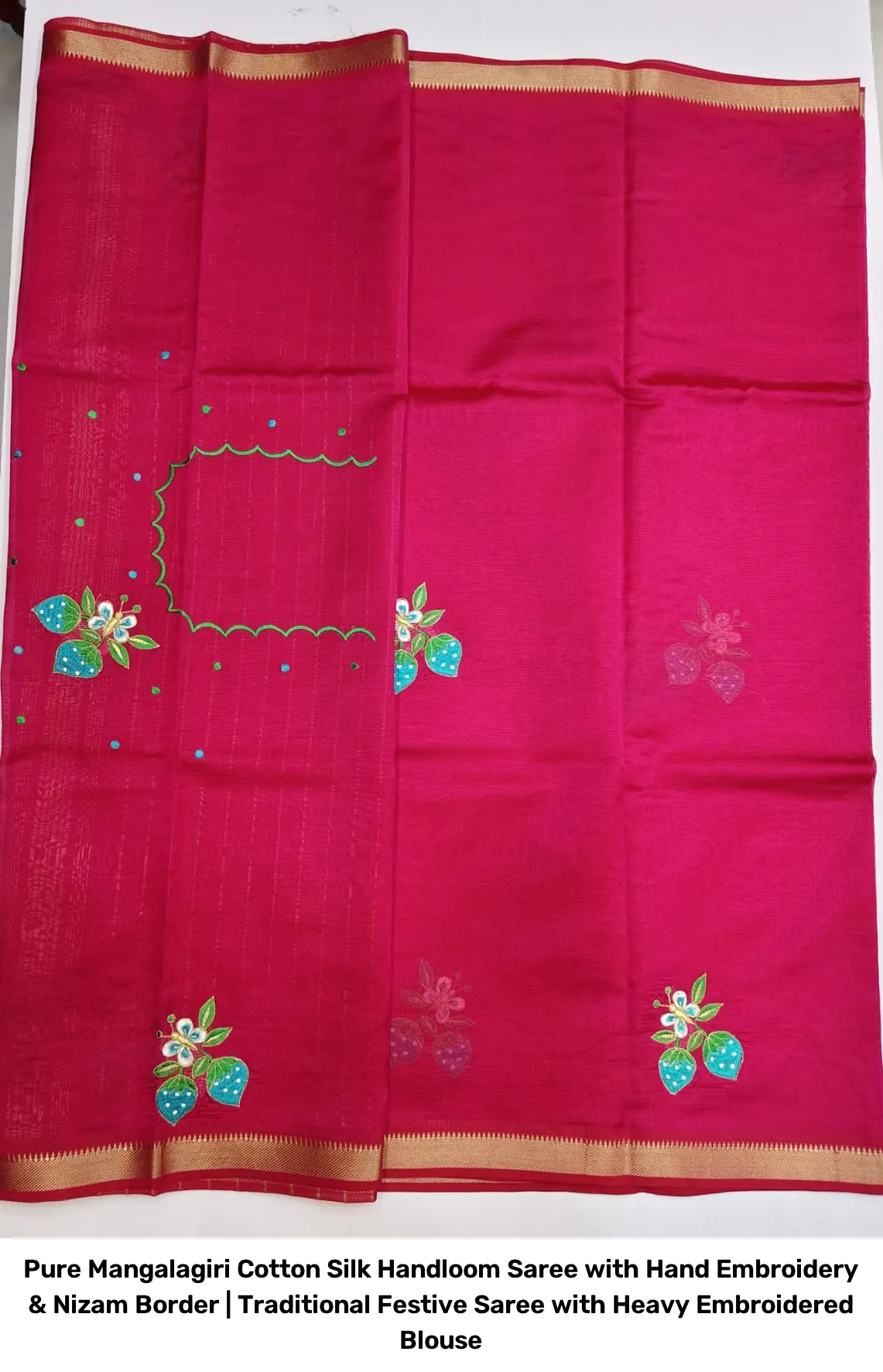 Pure Mangalagiri Cotton Silk Handloom Saree with Hand Embroidery & Nizam Border | Traditional Festive Saree with Heavy Embroidered Blouse 2