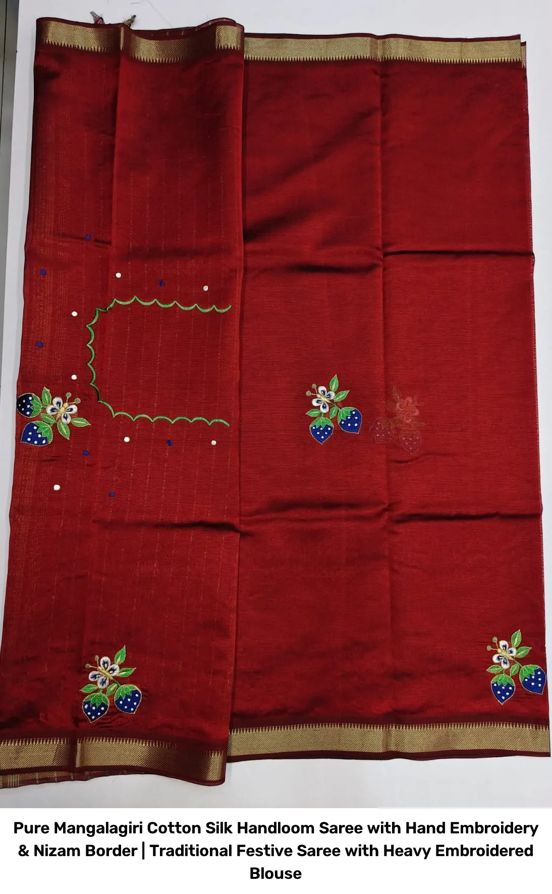 Pure Mangalagiri Cotton Silk Handloom Saree with Hand Embroidery & Nizam Border | Traditional Festive Saree with Heavy Embroidered Blouse 3