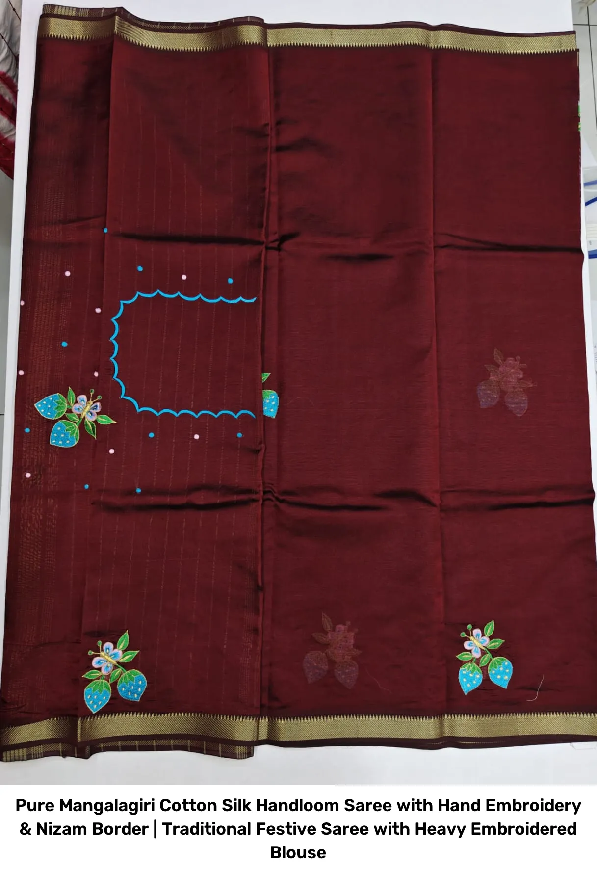 Pure Mangalagiri Cotton Silk Handloom Saree with Hand Embroidery & Nizam Border | Traditional Festive Saree with Heavy Embroidered Blouse 4