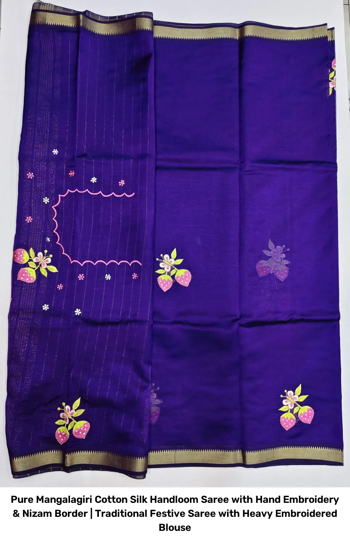 Pure Mangalagiri Cotton Silk Handloom Saree with Hand Embroidery & Nizam Border | Traditional Festive Saree with Heavy Embroidered Blouse 5