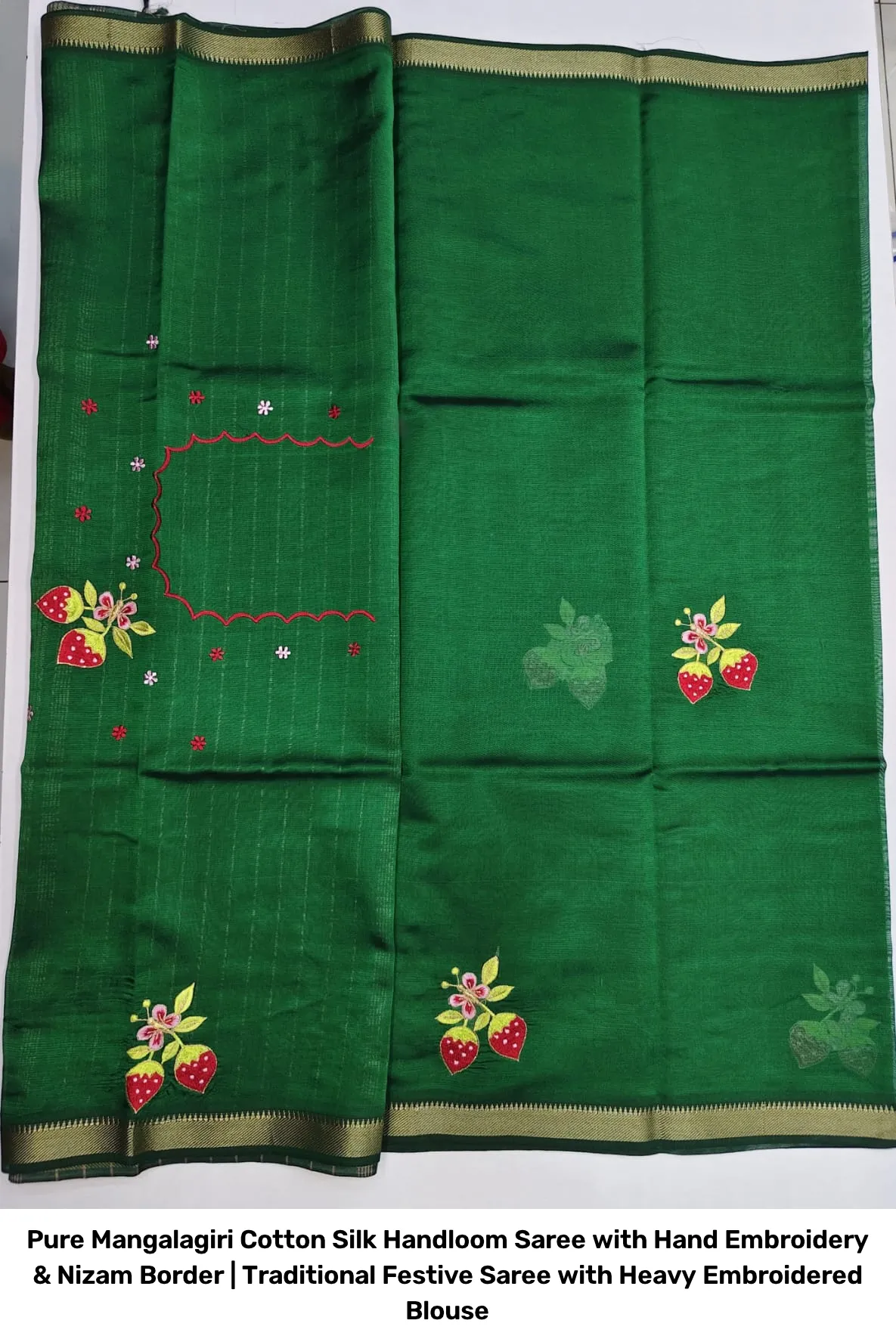 Pure Mangalagiri Cotton Silk Handloom Saree with Hand Embroidery & Nizam Border | Traditional Festive Saree with Heavy Embroidered Blouse 6