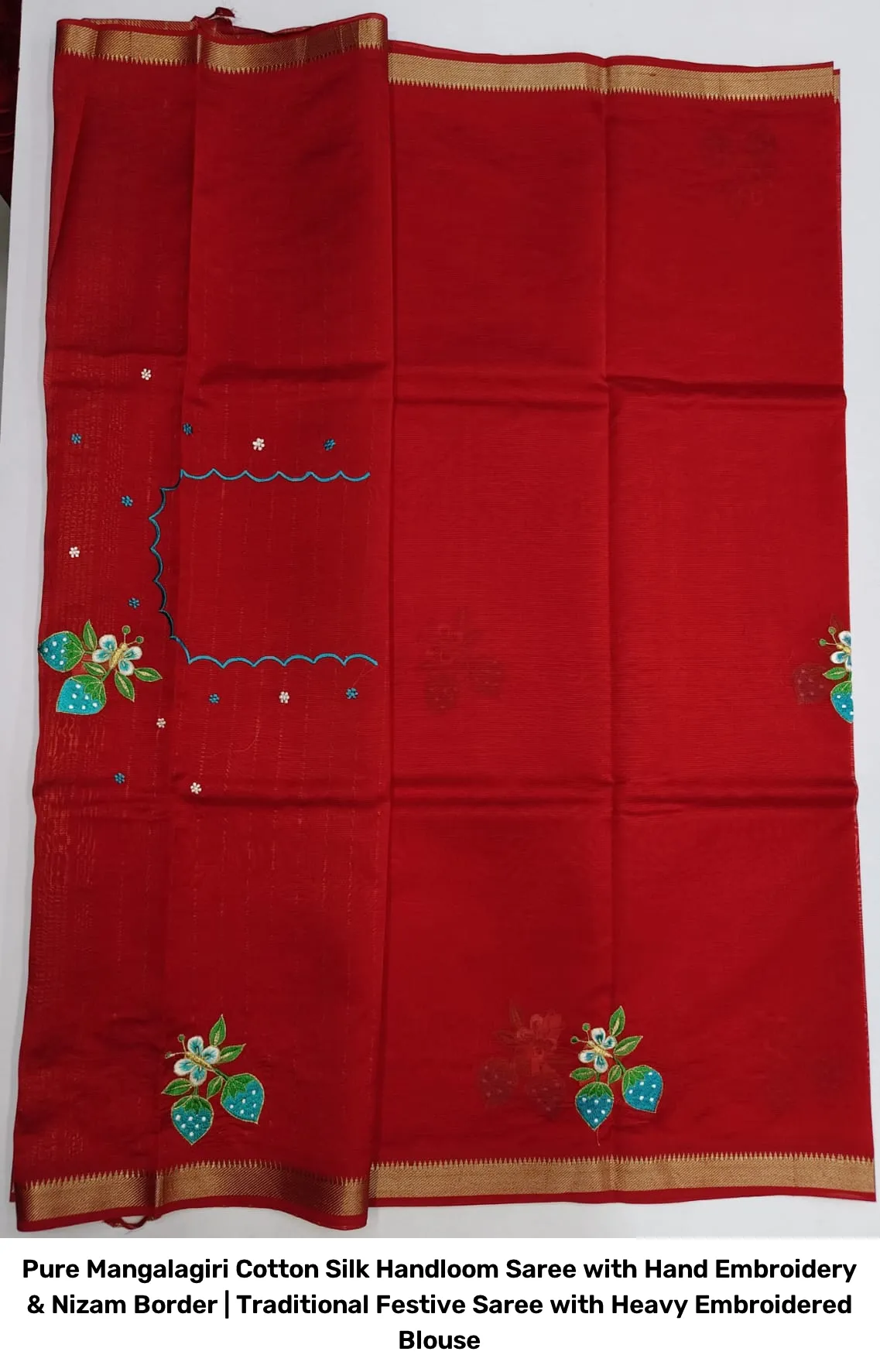 Pure Mangalagiri Cotton Silk Handloom Saree with Hand Embroidery & Nizam Border | Traditional Festive Saree with Heavy Embroidered Blouse 7