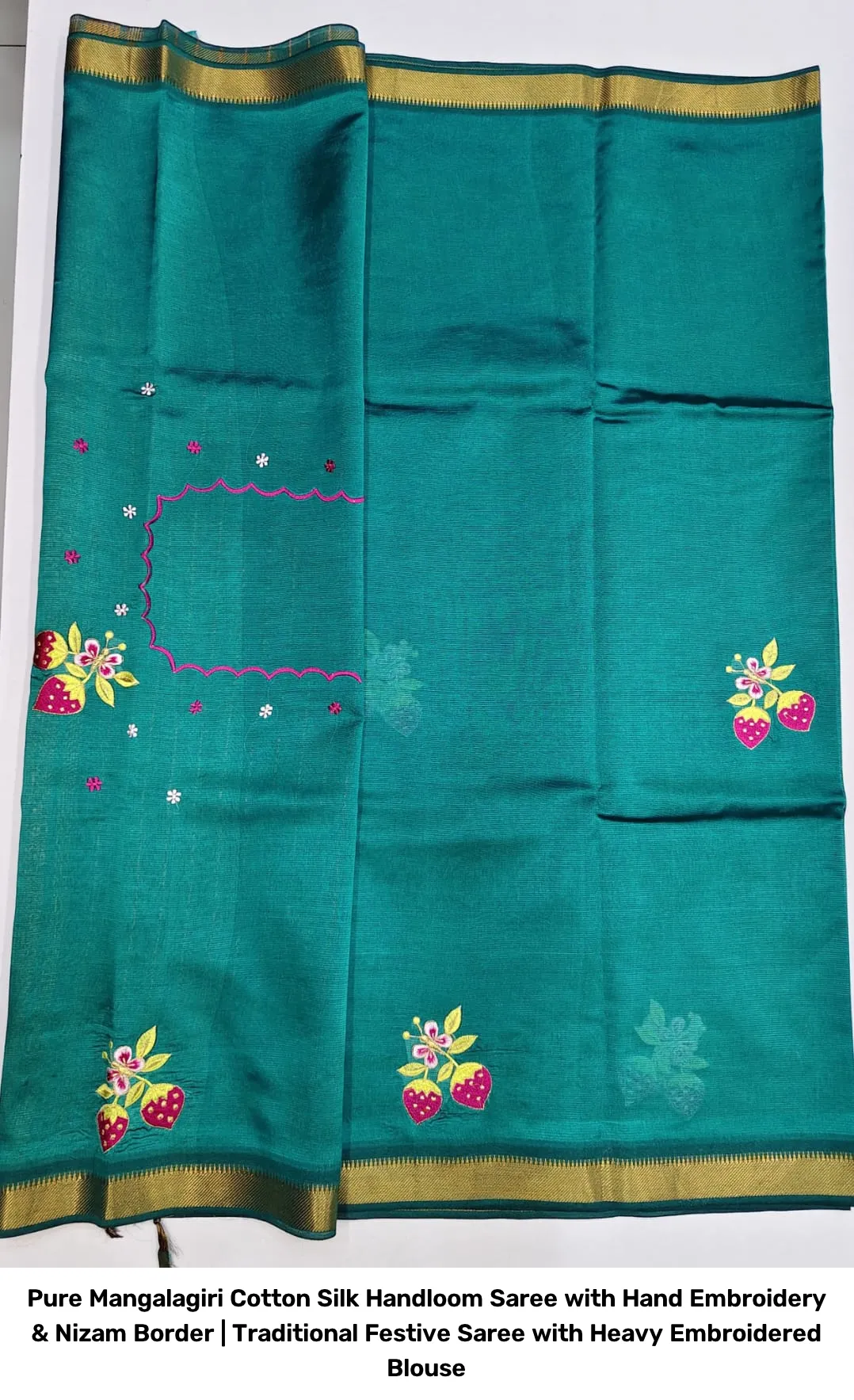 Pure Mangalagiri Cotton Silk Handloom Saree with Hand Embroidery & Nizam Border | Traditional Festive Saree with Heavy Embroidered Blouse 8