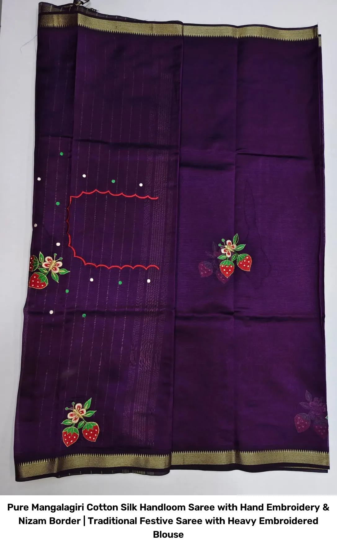 Pure Mangalagiri Cotton Silk Handloom Saree with Hand Embroidery & Nizam Border | Traditional Festive Saree with Heavy Embroidered Blouse 9