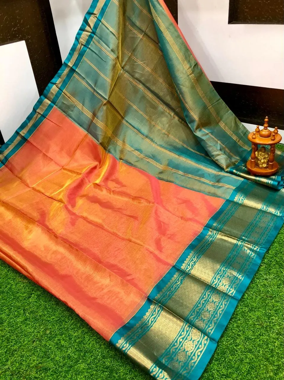 Pure Mangalagiri Tissue Silk Saree with Kanchi Border | Lightweight Golden Zari Pattu Saree with Contrast Blouse