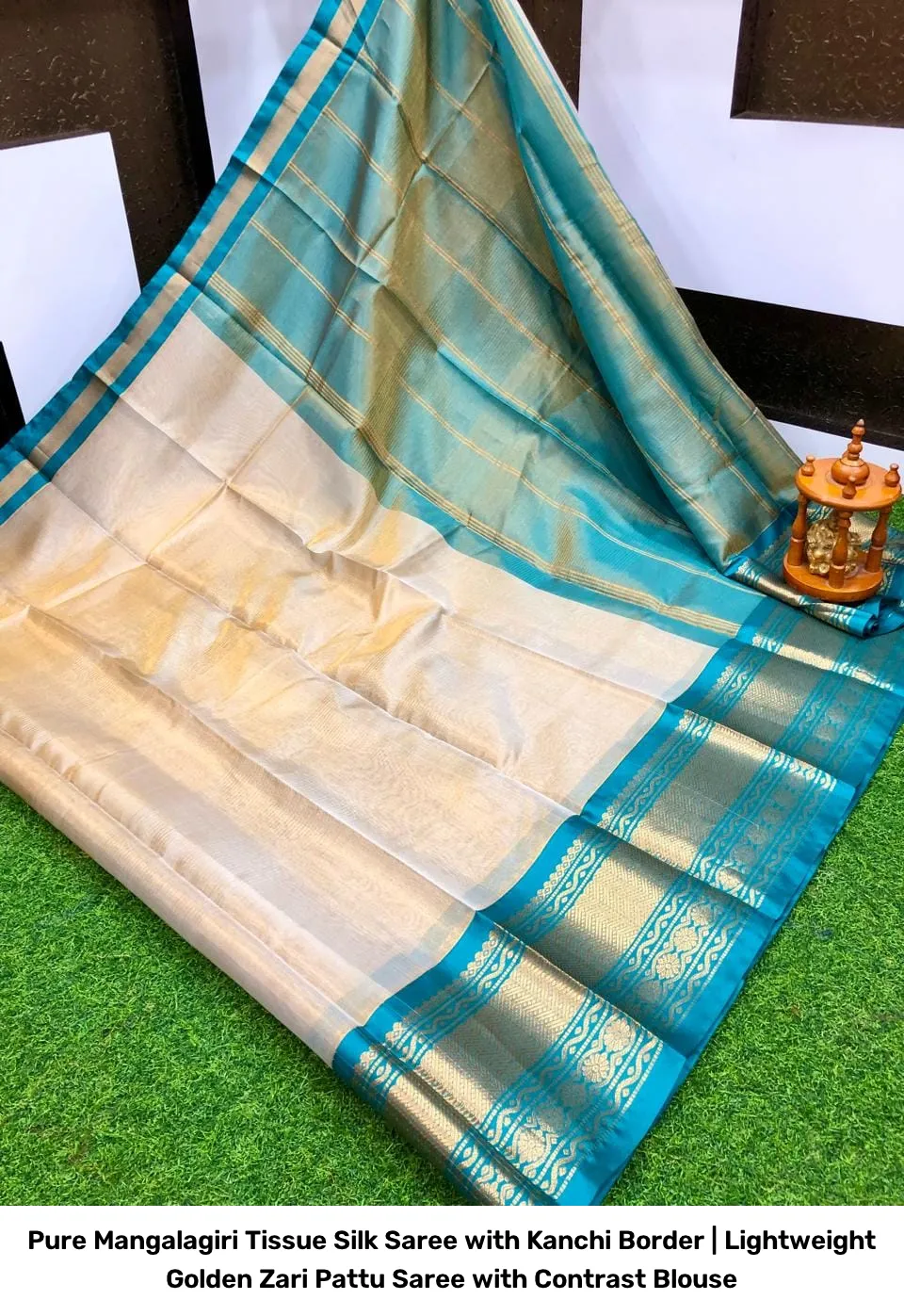 Pure Mangalagiri Tissue Silk Saree with Kanchi Border | Lightweight Golden Zari Pattu Saree with Contrast Blouse 10
