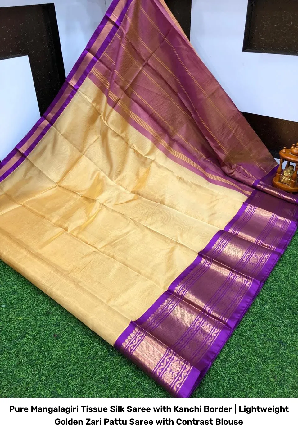 Pure Mangalagiri Tissue Silk Saree with Kanchi Border | Lightweight Golden Zari Pattu Saree with Contrast Blouse 11