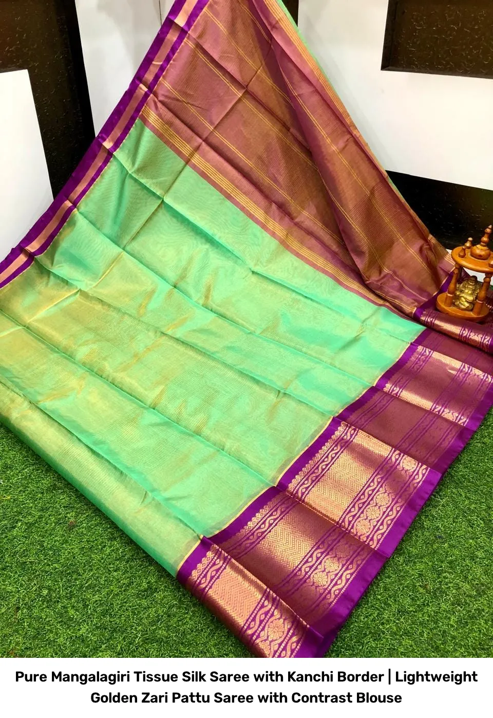 Pure Mangalagiri Tissue Silk Saree with Kanchi Border | Lightweight Golden Zari Pattu Saree with Contrast Blouse 12