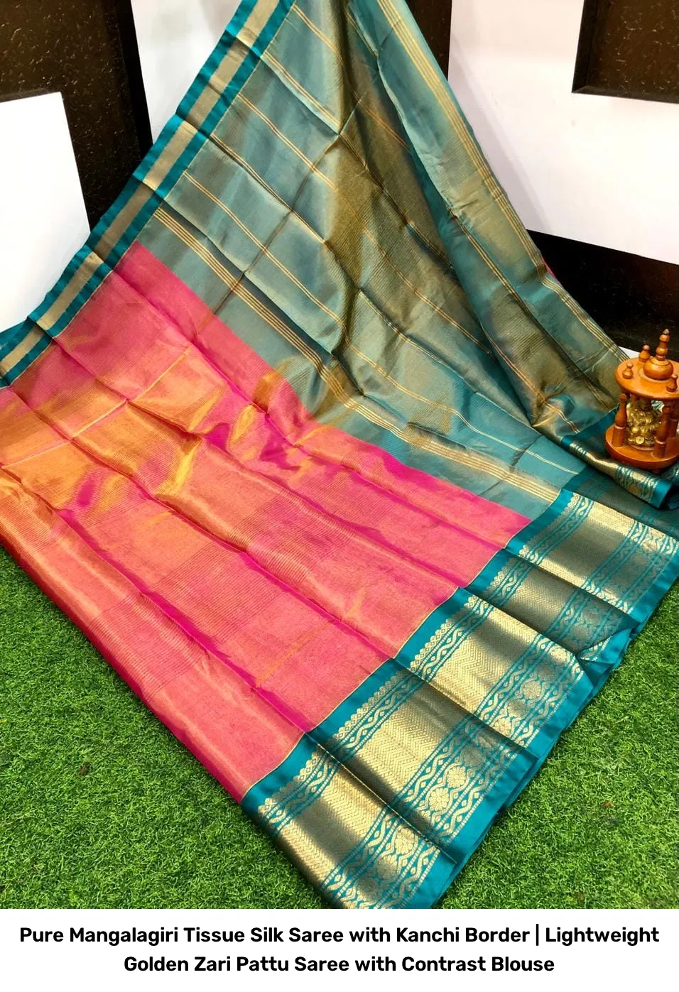 Pure Mangalagiri Tissue Silk Saree with Kanchi Border | Lightweight Golden Zari Pattu Saree with Contrast Blouse 13