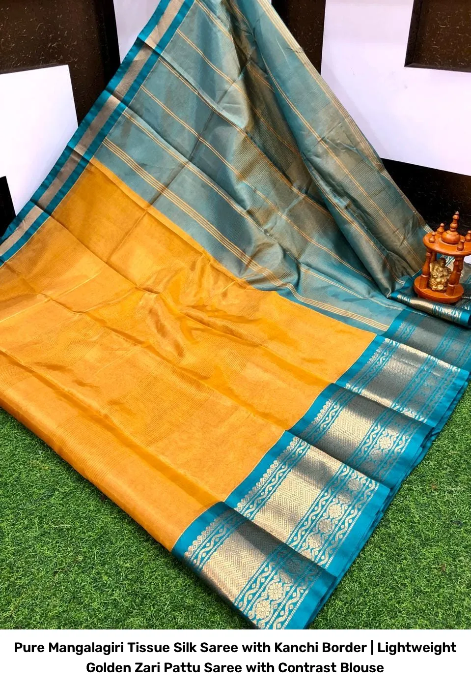 Pure Mangalagiri Tissue Silk Saree with Kanchi Border | Lightweight Golden Zari Pattu Saree with Contrast Blouse 14