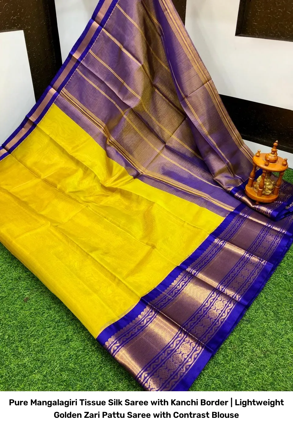Pure Mangalagiri Tissue Silk Saree with Kanchi Border | Lightweight Golden Zari Pattu Saree with Contrast Blouse 15