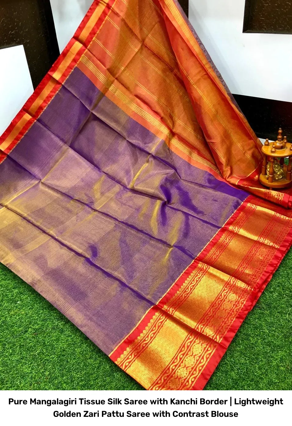 Pure Mangalagiri Tissue Silk Saree with Kanchi Border | Lightweight Golden Zari Pattu Saree with Contrast Blouse 16