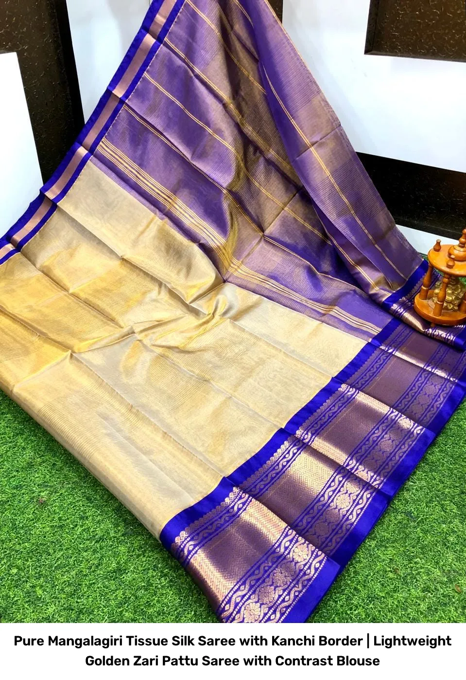 Pure Mangalagiri Tissue Silk Saree with Kanchi Border | Lightweight Golden Zari Pattu Saree with Contrast Blouse 17