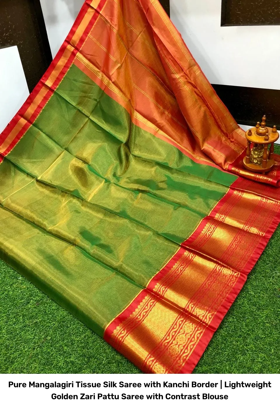 Pure Mangalagiri Tissue Silk Saree with Kanchi Border | Lightweight Golden Zari Pattu Saree with Contrast Blouse 18