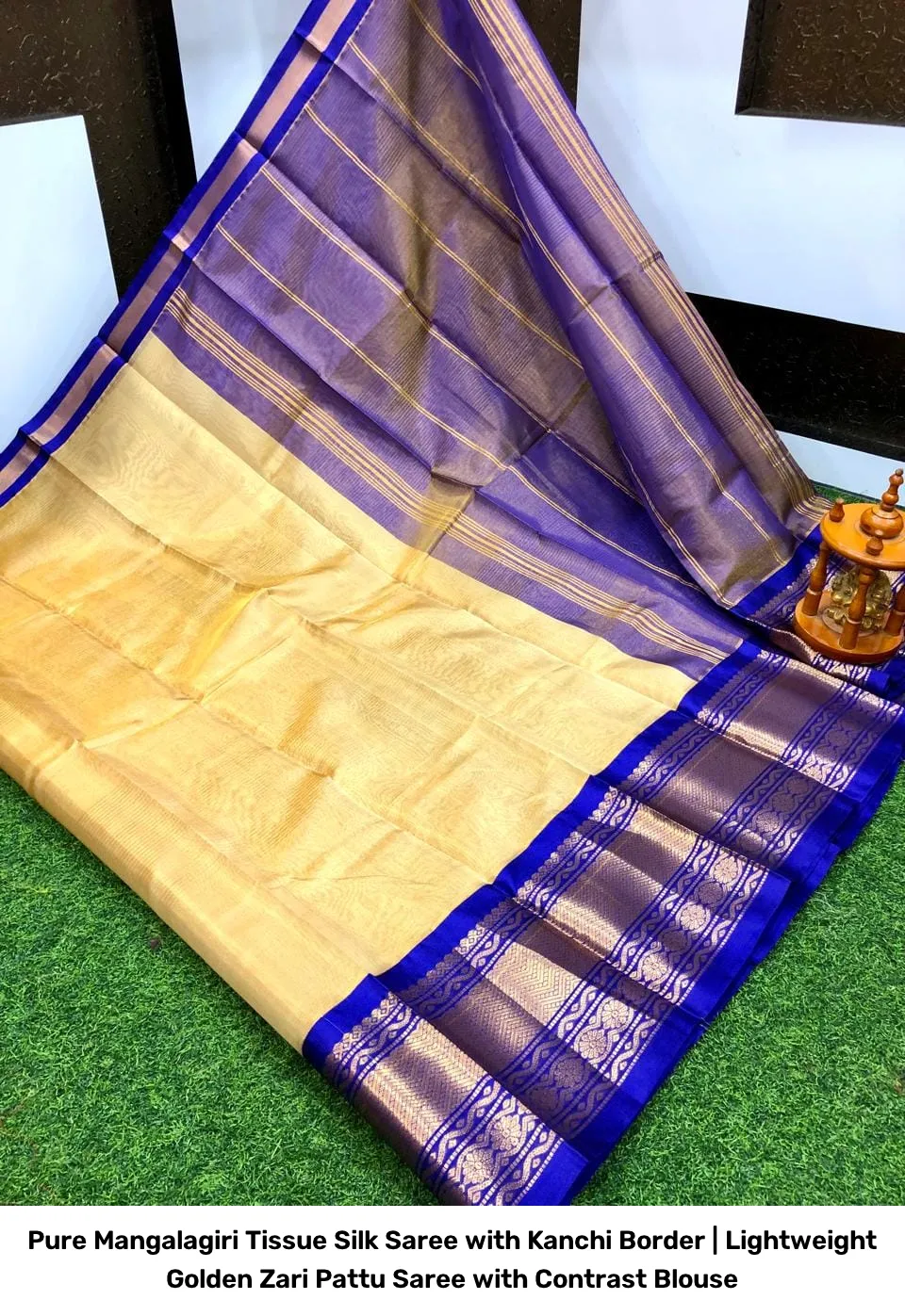 Pure Mangalagiri Tissue Silk Saree with Kanchi Border | Lightweight Golden Zari Pattu Saree with Contrast Blouse 19