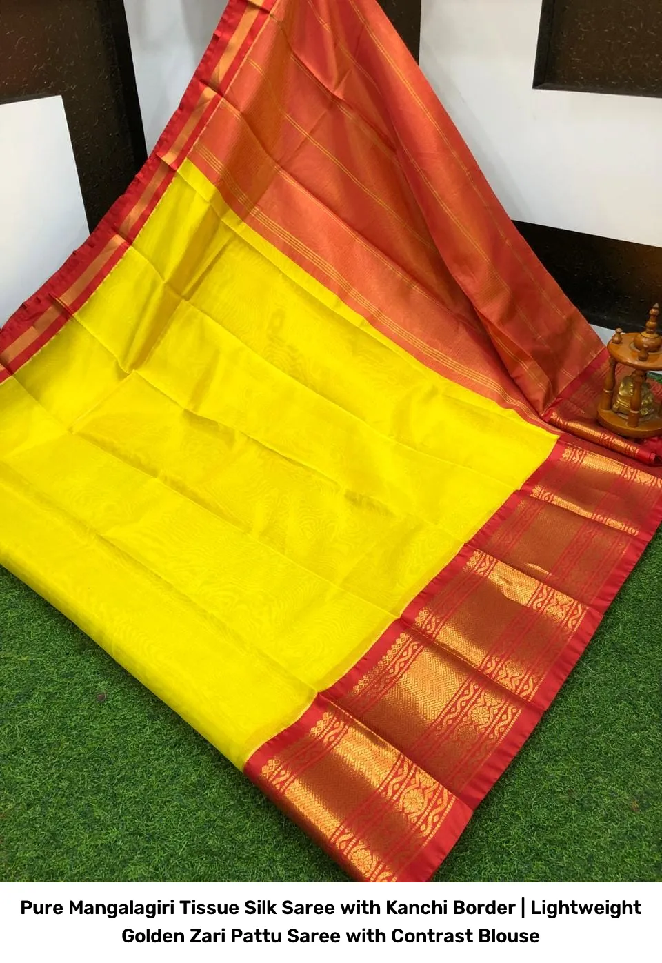 Pure Mangalagiri Tissue Silk Saree with Kanchi Border | Lightweight Golden Zari Pattu Saree with Contrast Blouse 2
