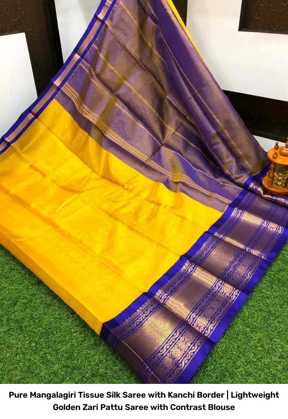 Pure Mangalagiri Tissue Silk Saree with Kanchi Border | Lightweight Golden Zari Pattu Saree with Contrast Blouse 20