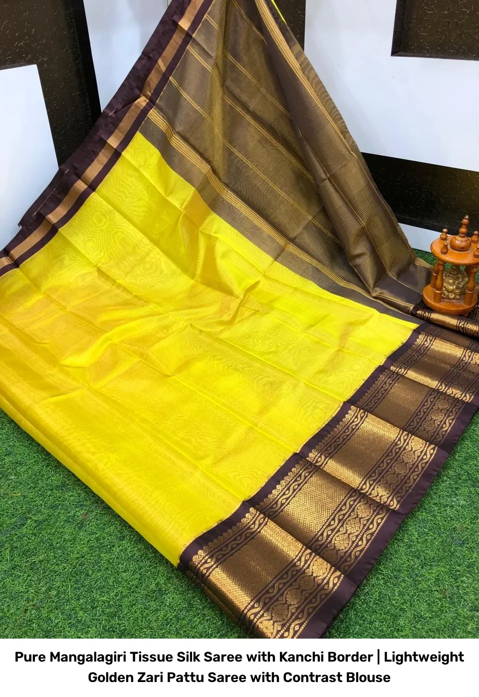Pure Mangalagiri Tissue Silk Saree with Kanchi Border | Lightweight Golden Zari Pattu Saree with Contrast Blouse 3