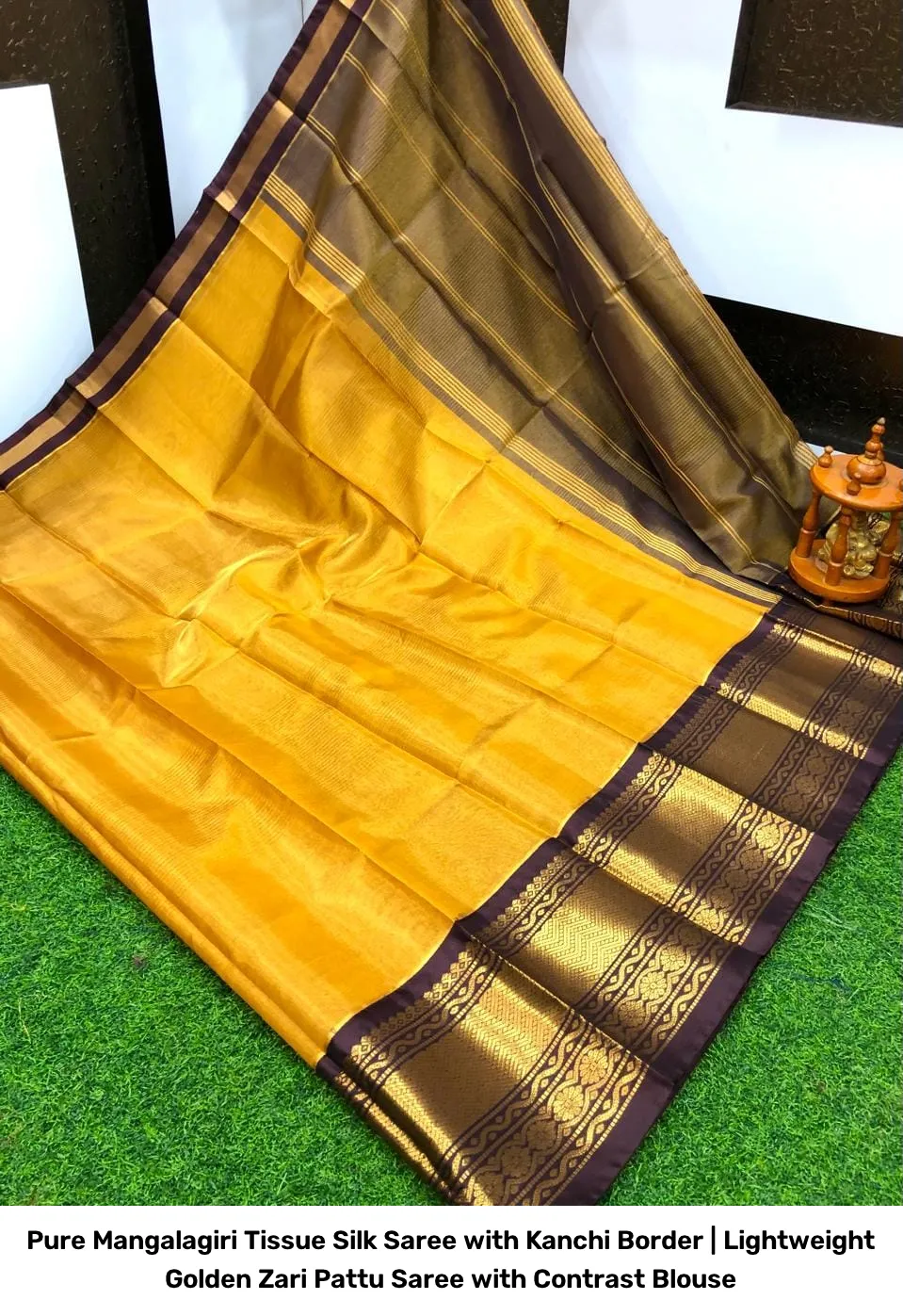 Pure Mangalagiri Tissue Silk Saree with Kanchi Border | Lightweight Golden Zari Pattu Saree with Contrast Blouse 4