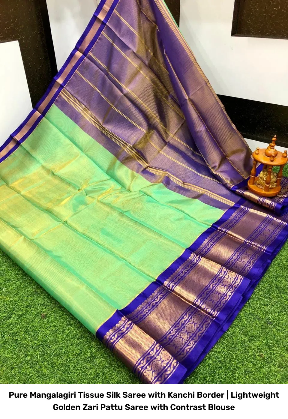Pure Mangalagiri Tissue Silk Saree with Kanchi Border | Lightweight Golden Zari Pattu Saree with Contrast Blouse 5