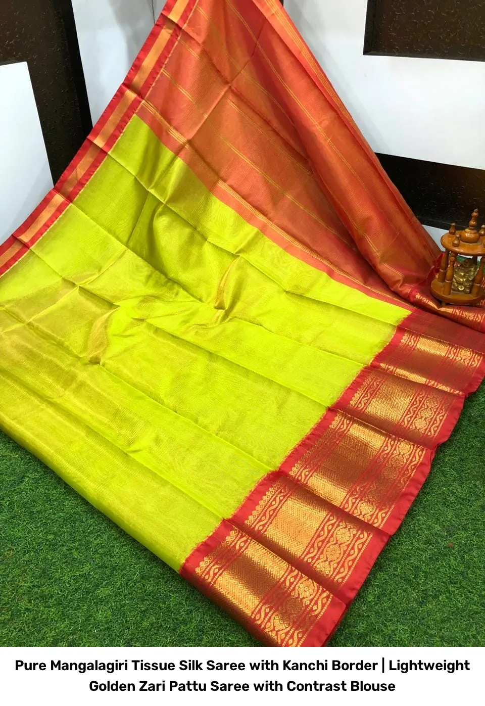 Pure Mangalagiri Tissue Silk Saree with Kanchi Border | Lightweight Golden Zari Pattu Saree with Contrast Blouse 6