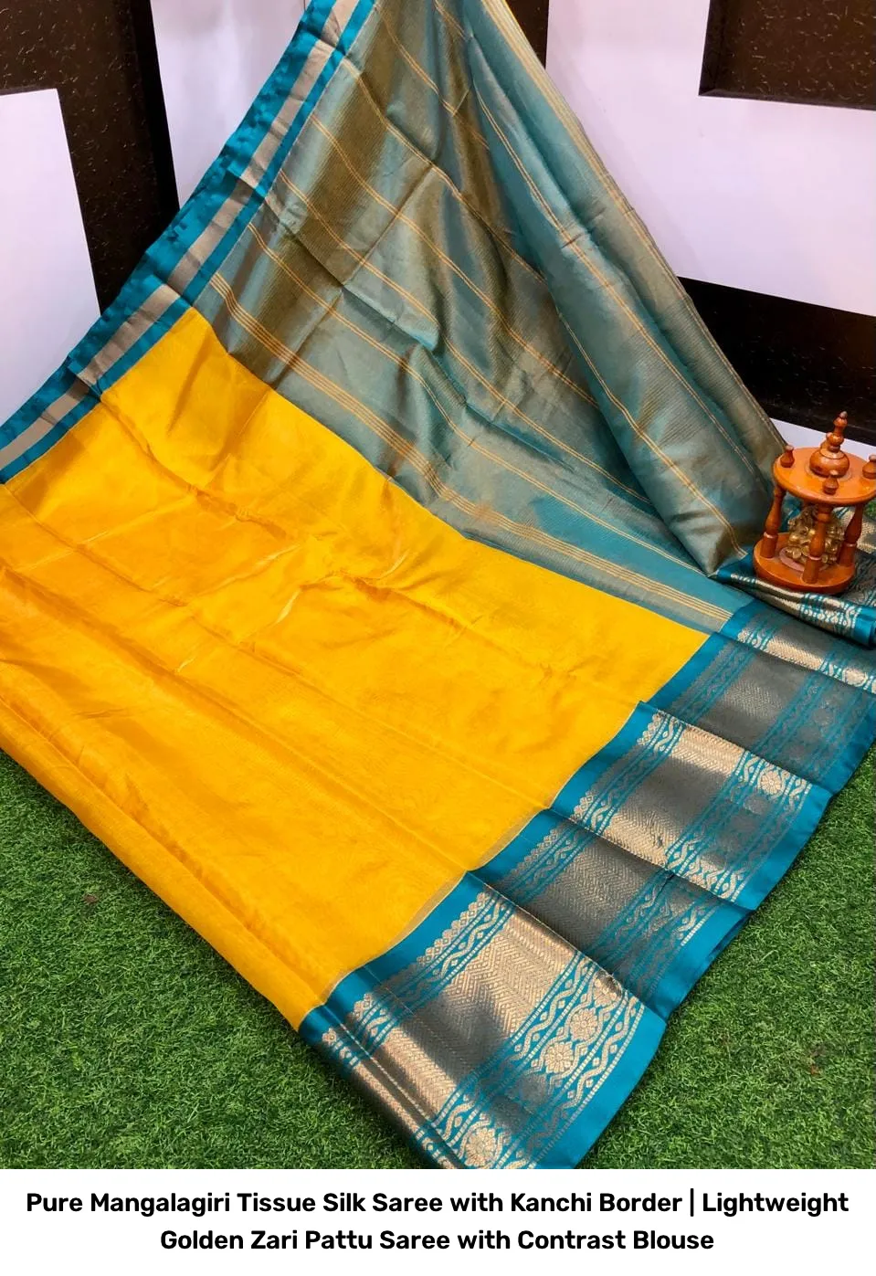 Pure Mangalagiri Tissue Silk Saree with Kanchi Border | Lightweight Golden Zari Pattu Saree with Contrast Blouse 7