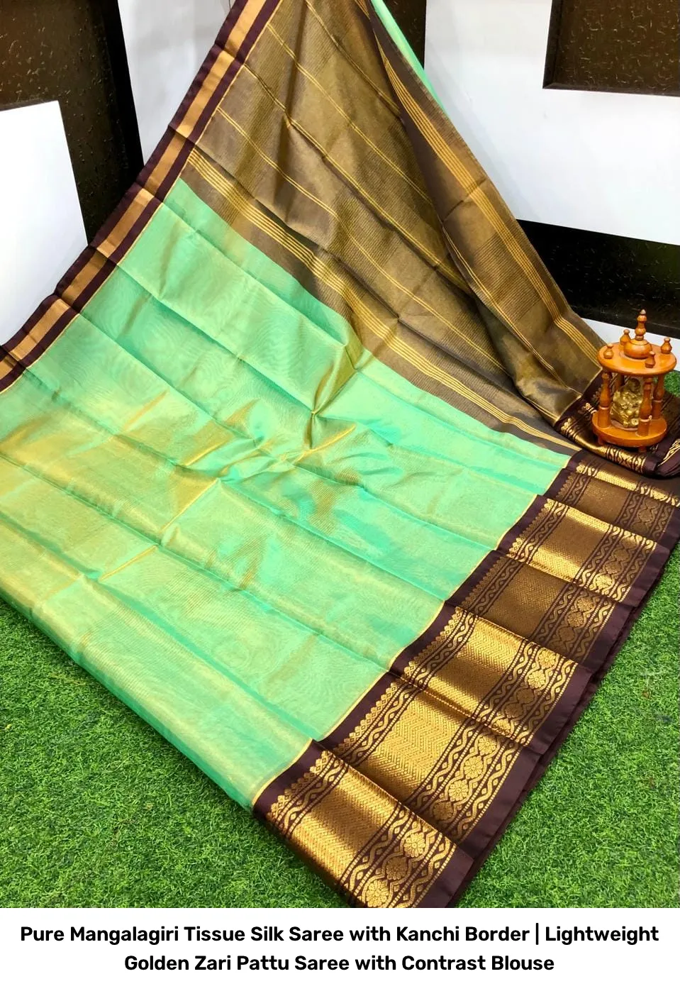 Pure Mangalagiri Tissue Silk Saree with Kanchi Border | Lightweight Golden Zari Pattu Saree with Contrast Blouse 8