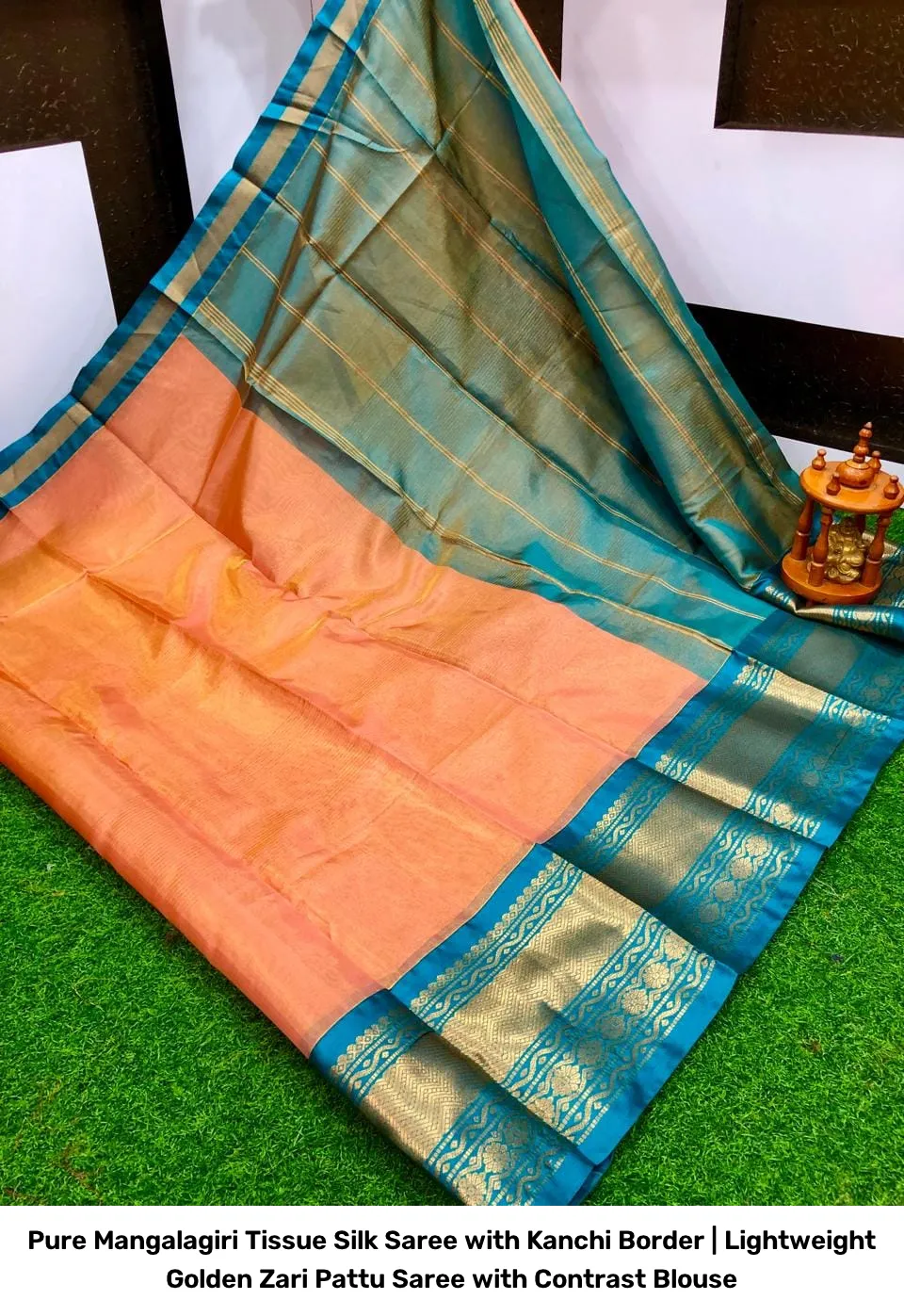 Pure Mangalagiri Tissue Silk Saree with Kanchi Border | Lightweight Golden Zari Pattu Saree with Contrast Blouse 9