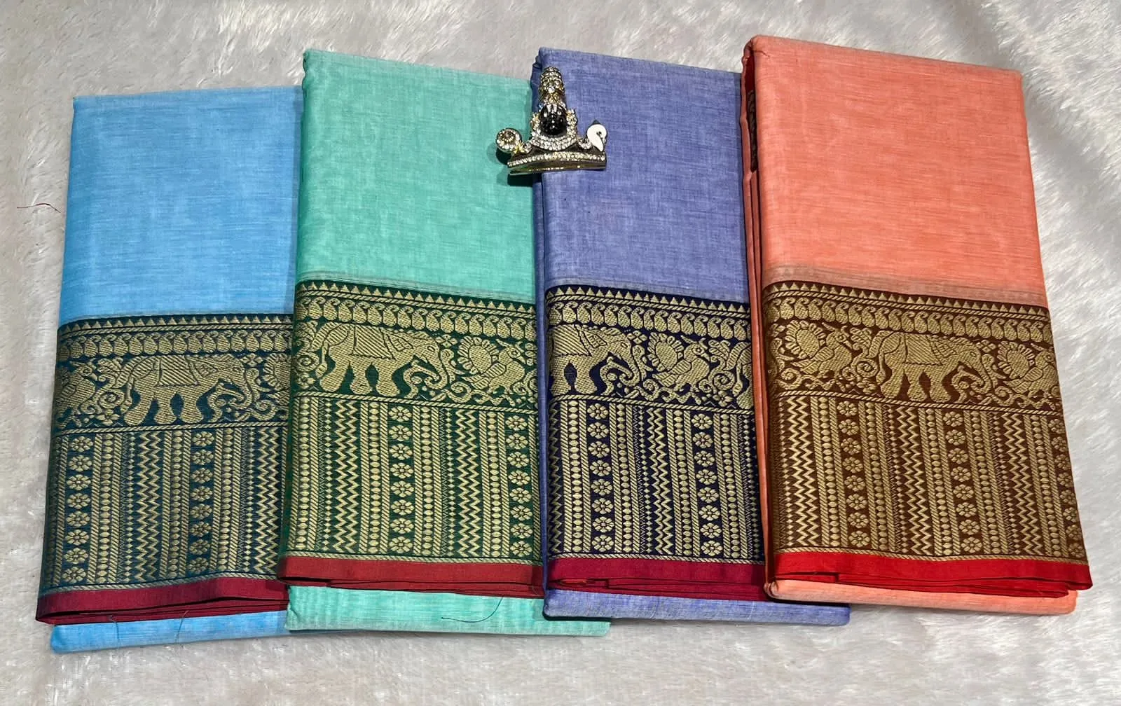 Pure Mercerised Cotton Narayanpet Saree with Zari Elephant Border & Striped Pallu | 6.20M with Running Blouse