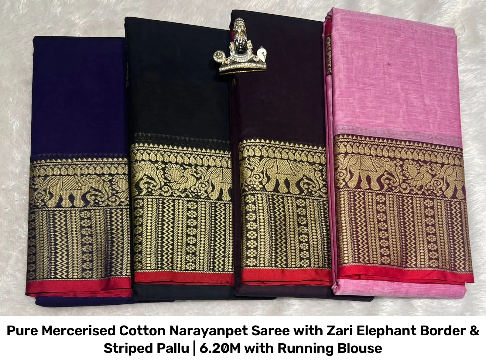 Pure Mercerised Cotton Narayanpet Saree with Zari Elephant Border & Striped Pallu | 6.20M with Running Blouse 10